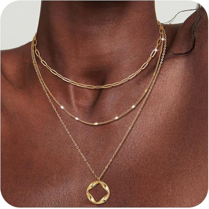 3Pcs Layered Necklace for Women Stackable Necklaces Silver Rosegold Gold Plated Chain Dainty Set Gifts Circle Pendant Paperclip Chain Choker Necklaces Trendy Personalized Jewelry Set Gifts for Women