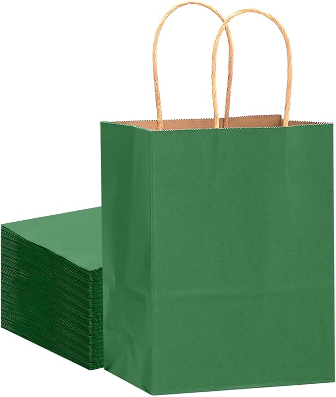 qiqee Large Kraft Paper Bags with Handles 13"x10"x5" 32 pcs Gift Paper Bag Deep Green Solid Color Bags（Large Size）