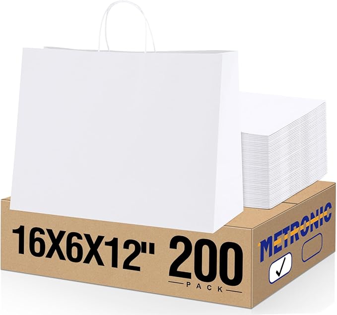 METRONIC Paper Gift Bags 16x6x12'' 200Pcs White Paper Bag with Handles Bulk for Small Business, Birthday Wedding Party Favor