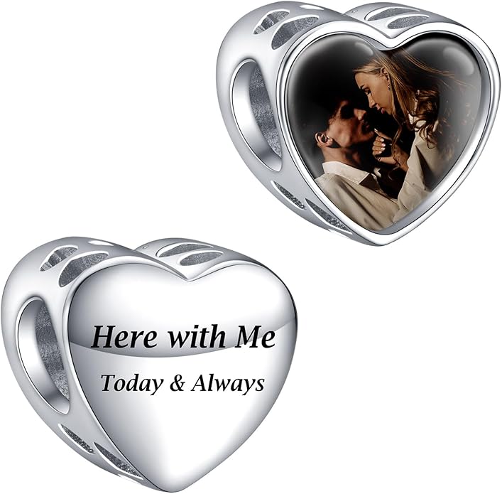 Annmors Personalized Photo Charms For Bracelets/Necklace 925 Sterling Silver Love Heart Shaped Engraved Customize Picture Gift for Birthday Mother's Day,Bead Charms Jewelry for Women