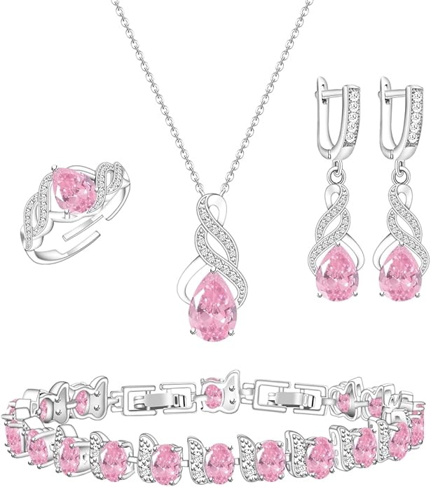 LMXXVJ Jewelry Set for Women,Teardrop Cubic Zirconia Necklace Earrings Adjustable Ring Bracelet Jewelry Set Formal Jewelry Gift
