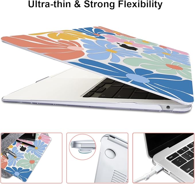 for MacBook Air 13 inch Case 2021 2020 2019 2018 A2337 M1 A2179 A1932 Cover with Touch ID, Crystal Plastic Printed Pattern Hard Shell Case Keyboard Skin Screen Protector, Colorful Flowers