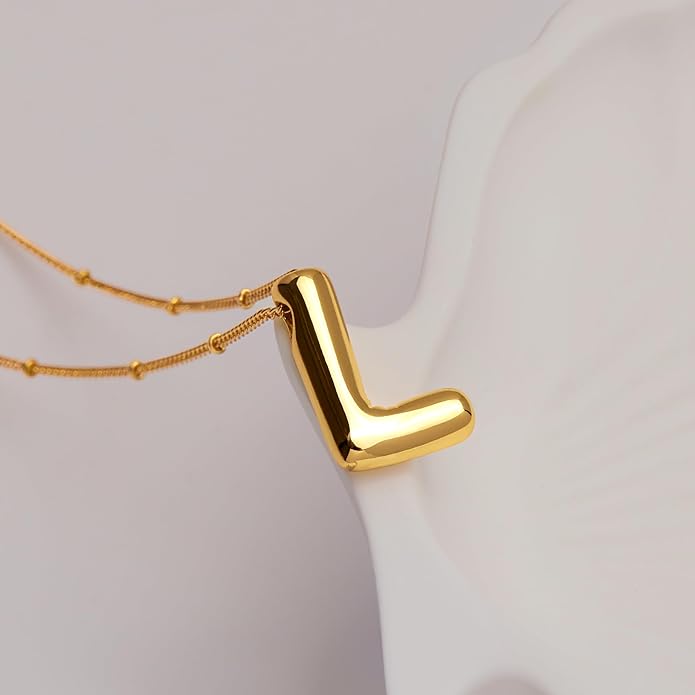 Inerney Valentines Day Gifts Gold Bubble Letter Necklace Initial Necklaces for Women, Chunky 14K Plated Balloon Initials, Trendy Charm Non Tarnish Custom Name Pendant Jewelry Gifts for Mom