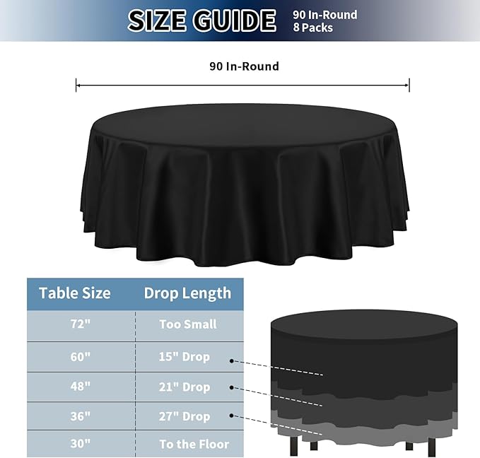 PureFit 8 Pack Round Black Table Cloths 90 Inch for Round Tables, Stain and Wrinkle Resistant Table Linens for Home Use, Wedding, Party, Banquet and Camping