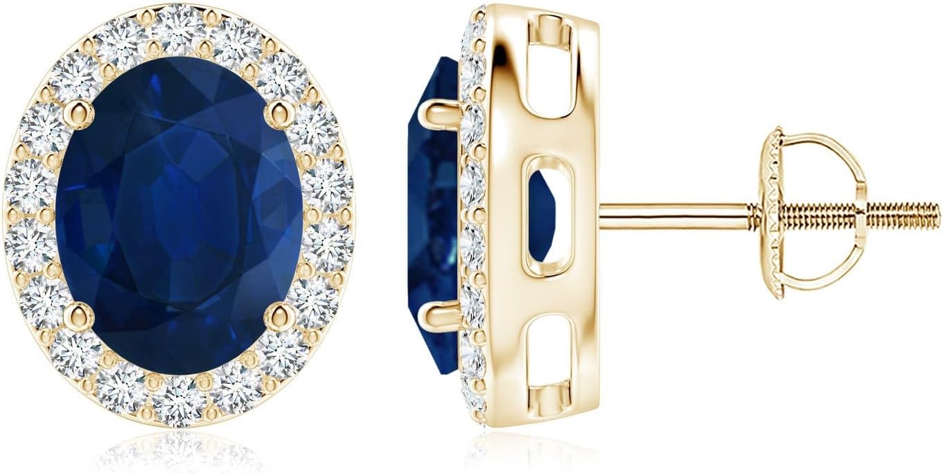 ANGARA Natural Blue Sapphire Earrings for Women | Prong-Set Oval Blue Sapphire Stud Earrings with Diamond Halo in 14K Solid Gold/Platinum | September Birthday, Anniversary, Gemstone Jewellery Gift
