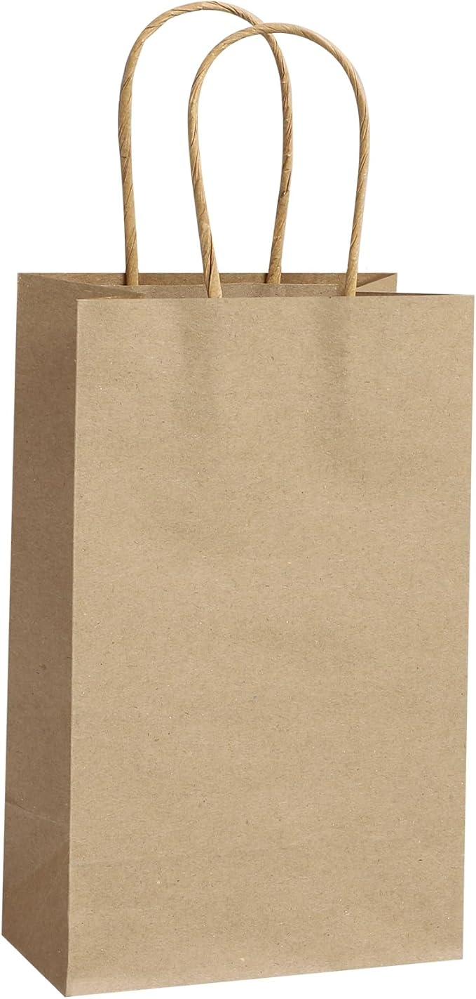 REMTAP Gift Paper Bags 5.9×3.2×8.2 100pcs Kraft Bags with Handles Bulk Gift Bag for Wedding Party Craft Retail Packaging, Shopping, Party Favor, Retail Bag (Brown-S-100pcs, 5.9×3.2×8.2)