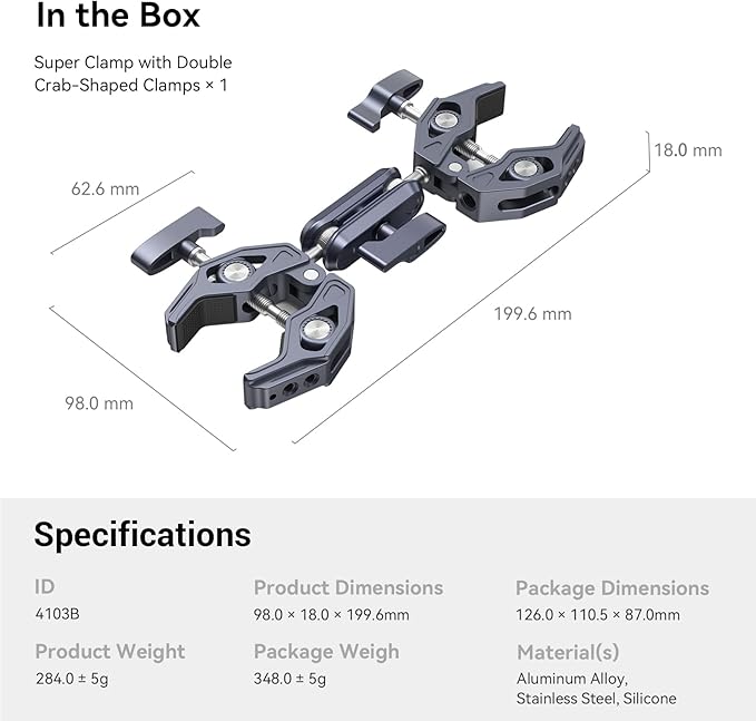 SMALLRIG Double Clamp Mount, Umbrella Clamp, Super Clamp Arm, for Chair, Pole, Tripod, C Stand, Handlebar, All Metal Max Load Capacity 3.5kg