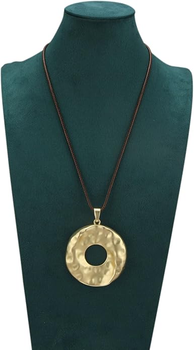Boho Leather Necklace Women Bohemian Brown Circle Pendant Necklace Choker Long Necklaces for Women Boho Ring Large Pendant
