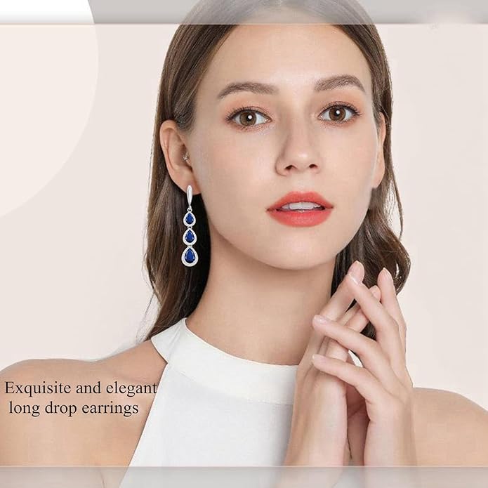LMXXVJ Necklace Long Earrings Bracelet Set, White Gold Plated Created Blue Sapphire Jewelry Set Wedding Party Gift Jewelry for Women Bridal Bridesmaid