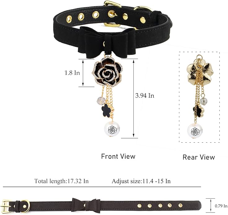 Leather Collar Necklace for Women with Bow Bell Kitty Cat and Delicate Tea flower pearl pendant Choker for Ladies Black Pink Red