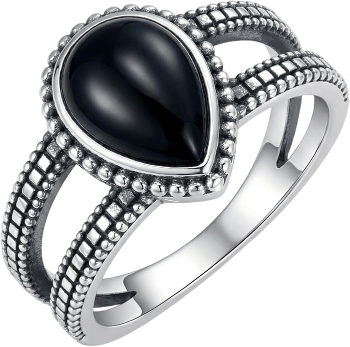 925 Sterling Silver Oxidized Black Onyx Rings for Women - Round & Heart 9mm Onyx Vintage Retro Design, Ideal for Daily Wear