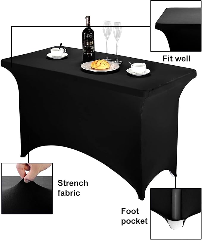 FORLIFE 6Pack Spandex Table Covers 4ft，Fitted Tablecloth for 4ft Rectangular Tables, Stretch Patio Table Covers, Universal Spandex Table Cover for Wedding, Banquet, Party - Black