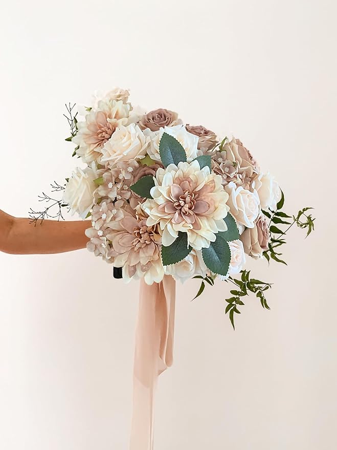 Roses Artificial Flowers Bouquets Box Set for DIY Bridal Wedding Shower Decorations Centerpieces for Table Fake Floral Arrangement for Party Home Decor Indoor Taupe Beige