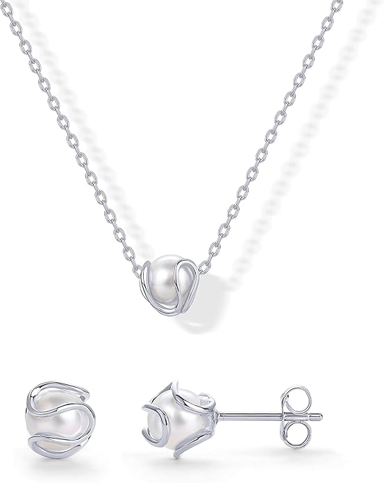PAVOI 14K Gold Plated Round Shell Pearl Jewelry Set for Women - Gold Pearl Necklace and Earring Set with Pendant Necklace and Caged Stud Earrings Pack