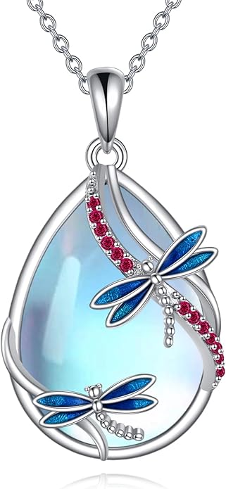 KQF Dragonfly/Butterlfy/Cat/Jellyfish/Bunny/Axolotl/Bee/Mermaid/Hummingbird/Elephant Necklace for Women Sterling Silver Moonstone Pendant Necklace Dragonfly Jewelry Gifts for Women