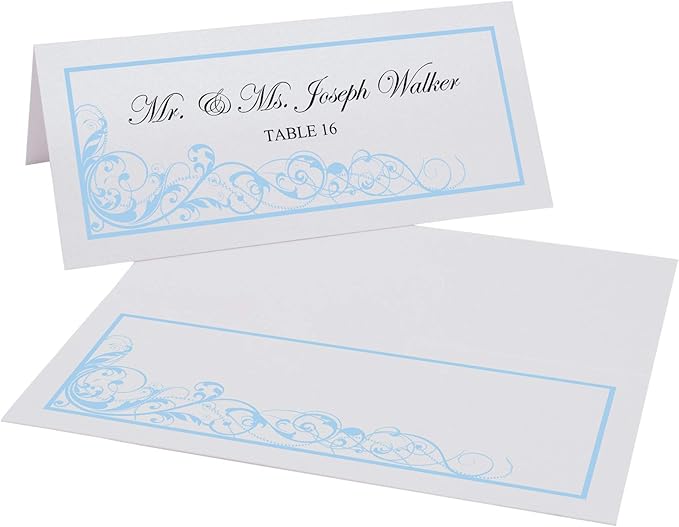 Scribble Vintage Swirl Printable Place Cards, Light Blue (Choose Color), Set of 150 (25 Sheets), Laser & Inkjet Printers - Wedding, Party, Dinner, and Special Events