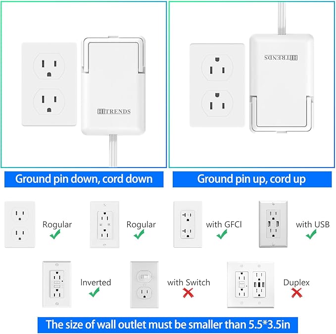6FT Ultra-Thin Flat Plug Power Strip with 3 Outlets & 3 USB Ports | Child & Pet-Safe, 1625W, Wall-Mounted Cord Organizer, Universal Size Outlet & Plug Concealer with Cord Clips(UL Listed)