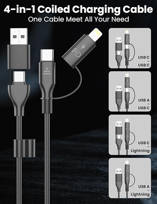 Coiled USB-C and Lightning Cable 2-in-1, 3FT iPhone 17 16 Car Charger Cord, 60W Fast Charging Cable for iPhone 15, Samsung Galaxy Supports Apple CarPlay & Android Auto (Black)