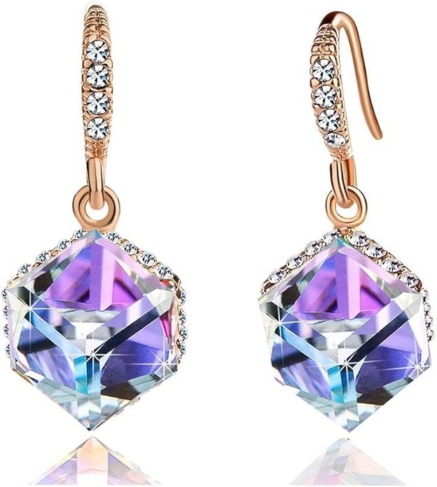 Austrian Crystal Cube Drop Dangle Earrings for Women 14K Gold Plated Hypoallergenic Jewelry