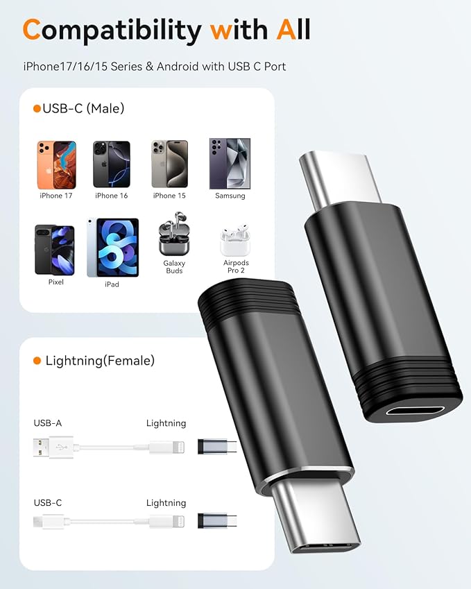 Temdan 4 Pack Lightning to USB C Adapter for iPhone 15/16/17 Pro/17 Pro Max,for iPhone 17/16 Charger,17/16 Accessories,Fast Charging&Data Transfer,USB C Charger Connector Cable,Not for Audio/OTG-Black