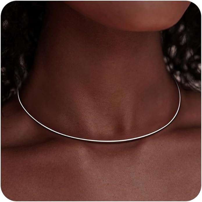 Dainty Choker Necklace for Women, Minimalist Simple Thin Lightweight Collar Choker, 14K Gold Plated Stainless Steel, Hypoallergenic Fashion Trendy Jewelry, Open Cuff Bangle Inspired Design Jewelry