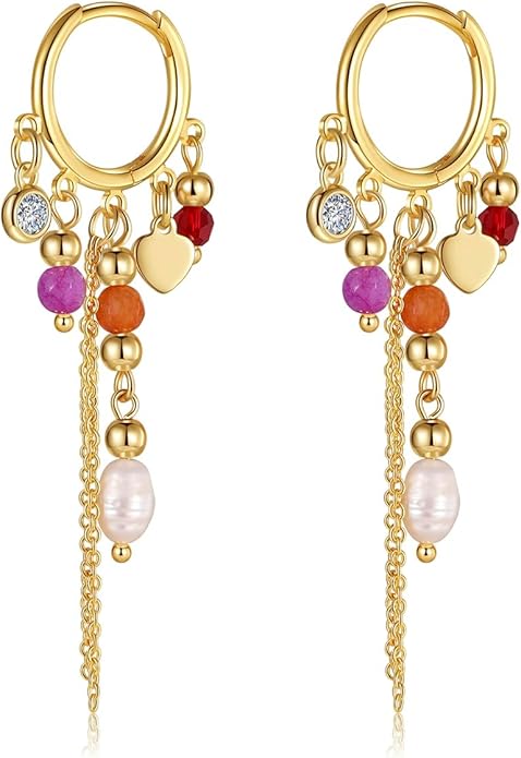 Boho Tassel Hoop Earrings for Women 14K Gold Pearl Earrings Dainty Colorful Bead Pendant Earrings Ethnic Style Statement Jewelry for Vacation Festival Party