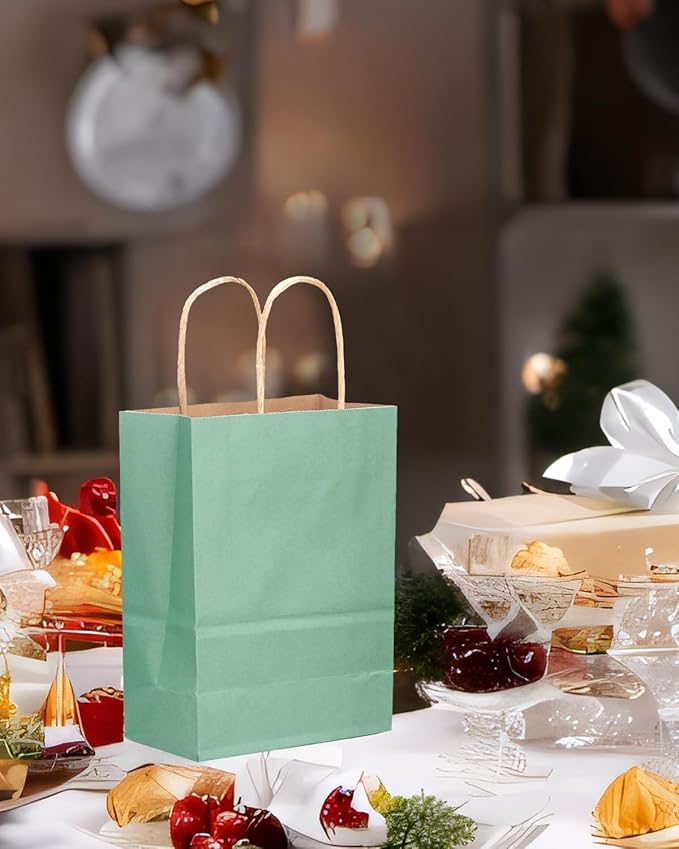 qiqee Large Kraft Paper Bags with Handles 13"x10"x5" 32 pcs Gift Paper Bag Light Blue Solid Color Bags（Large Size）