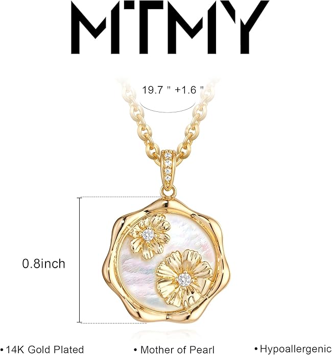 MTMY Birth Flower Necklace 14K Gold Plated Mother of Pearl Disc Birth Month Flower Pendant Necklaces for Women Personalized Custom Floral Jewelry Birthday Gift