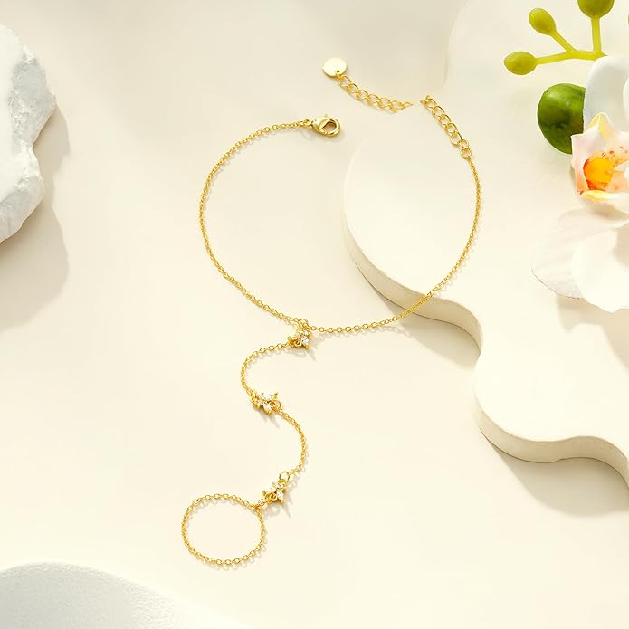 Gold Hand Chain for Women - Adjustable 14K Gold Plated Dainty Ring Bracelet Hand Chain Trendy Finger Ring Bracelet Hand Chains Stack Summer Jewelry for Women