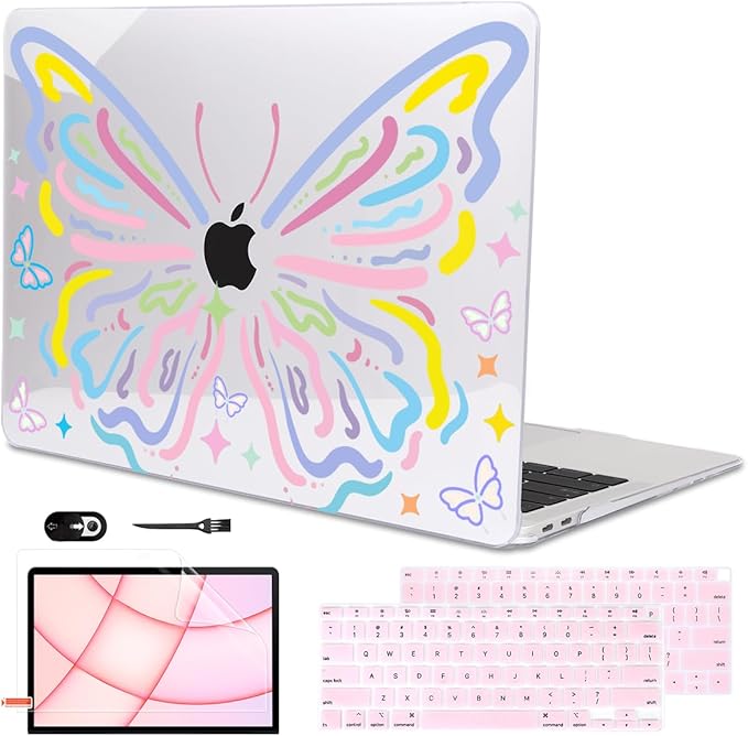 for MacBook Air 13 inch Case 2021 2020 2019 2018 for Mac A2337 M1 A2179 A1932 Cover with Touch ID, Crystal Pattern Plastic Hard Shell Case Keyboard Skin Screen Protector, Colorful Butterfly