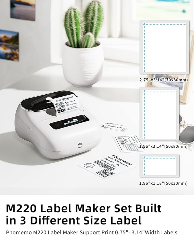 Phomemo Label Maker, M220 Barcode Printer, Thermal Bluetooth Label Printer for Address, Clothing, Warehouse, Mailing,Compatible with Phone & Laptop