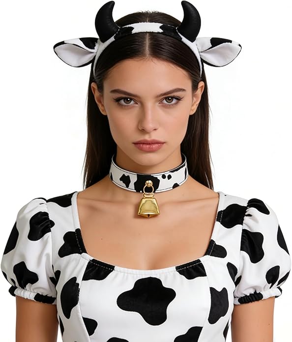 Bell Collar Necklace for Women, Cow Print PU Leather Choker with Flat Ribbon Tie, Anime Cow Cosplay Jewelry Gifts