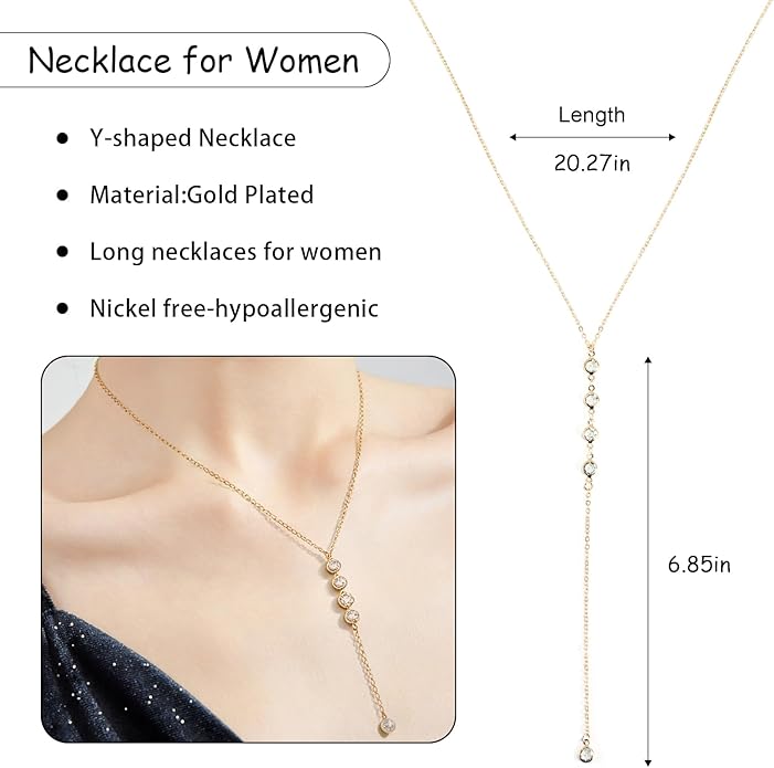 Necklace for Women, Dainty Long 14K Gold Y-Shaped Necklace Jewelry Trendy Beaded Layered Chain Drop Necklaces Jewelry Women Gifts