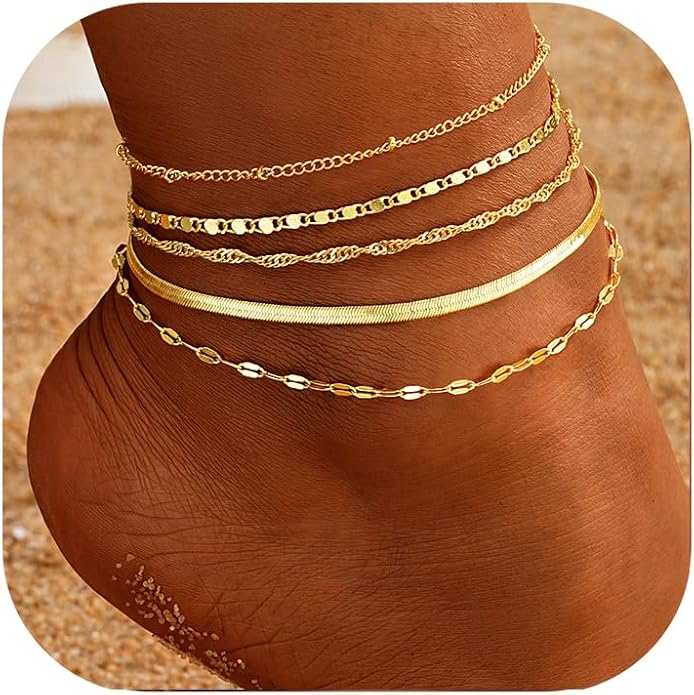 iF YOU Gold Ankle Bracelets for Women, 14k Gold Plated Waterproof Cuban Link Chain Anklets Set, Layered Anklet Bracelets for Women Beach Gift Adjustable Size 5pc