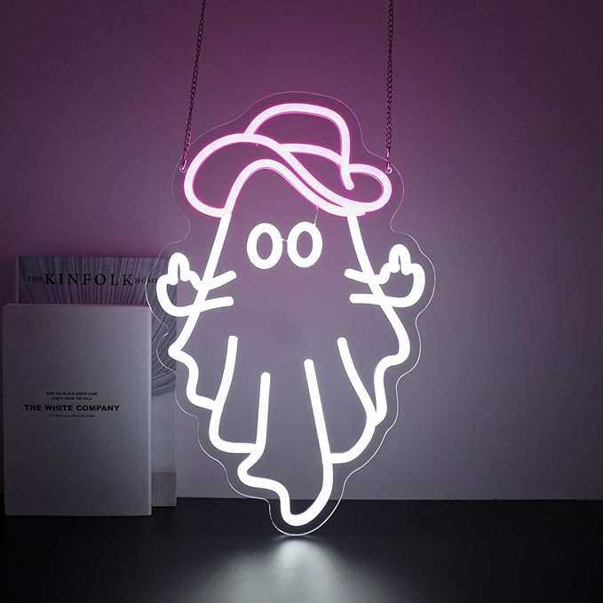 Cowboy Ghost Neon Sign, Neon Signs for Wall Decor Neon White Pink LED Signs Room Neon Light Up Signs Home Decor for Bedroom Club Party Bar Shop USB Operated