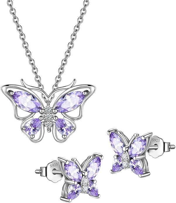 925 Sterling Silver Birthstone Butterfly Jewelry Women Crystal Animal Cute Butterflies Birthday Necklace/Earring/Ring/Bracelet Sets Birth Stone Statement Anniversary Jewellery