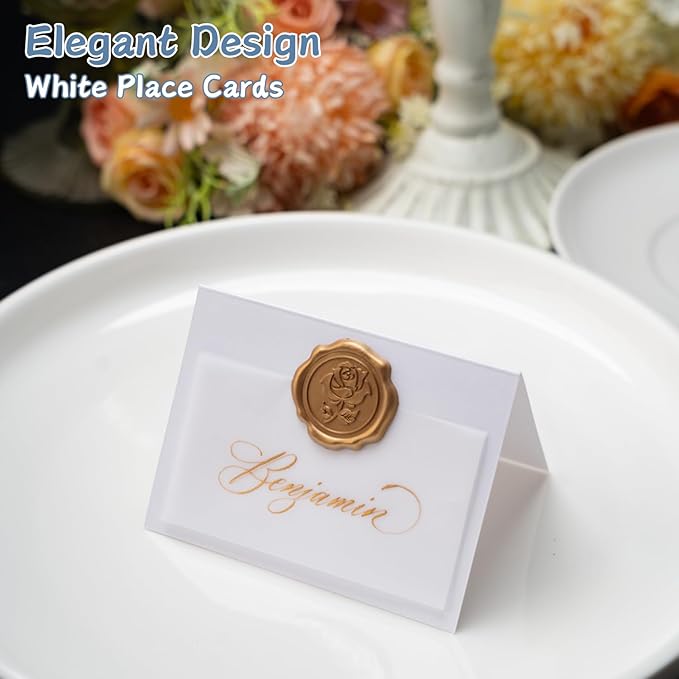 25 Pack Name Cards for Table Setting, Place Cards with Antique Gold Rose Wax Seal Sticker for Wedding, Table Tent Card Stock Handmade Decor for Party, Dinner, Home (Pearlized White)