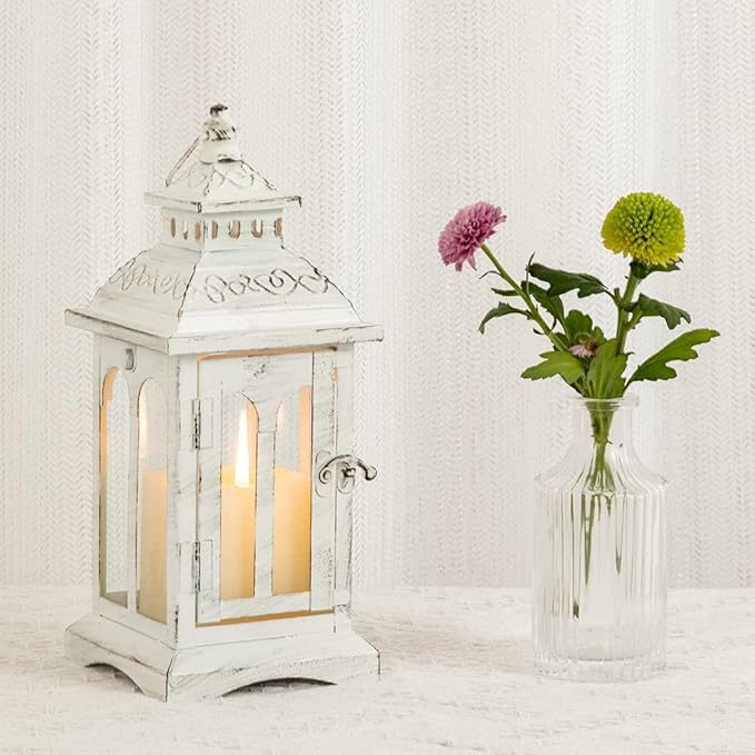 DECORKEY Lanterns Decorative Indoor & Outdoor, Medium Hanging Home Decor, Vintage Metal Decorative Candle Lanterns for Outdoor Patio Wedding Party White with Black Brush