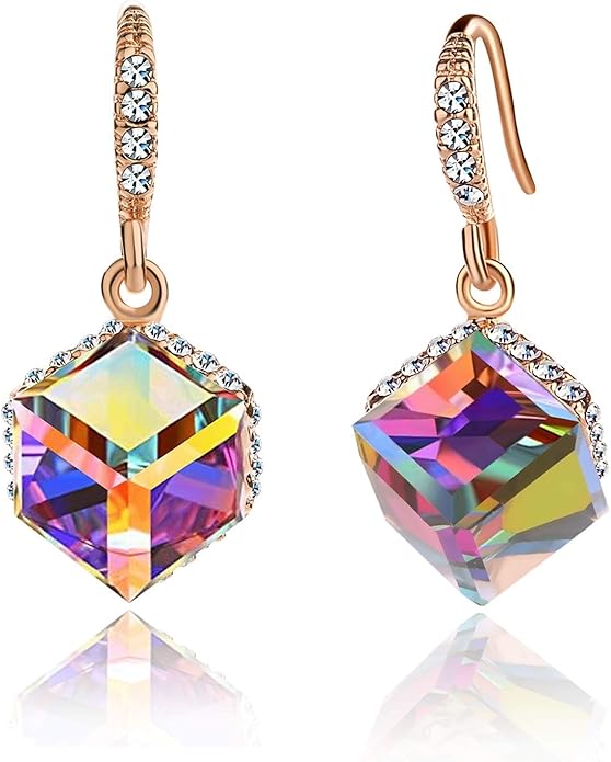 Austrian Crystal Cube Drop Dangle Earrings for Women 14K Gold Plated Hypoallergenic Jewelry
