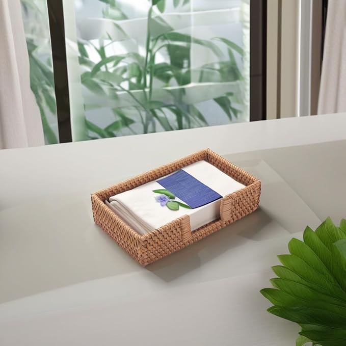 Rattan Napkin Holder Rectangle Woven Flat Napkin Basket Tray For Tables 9.5" x 5.5" x 2" (Rectangle)
