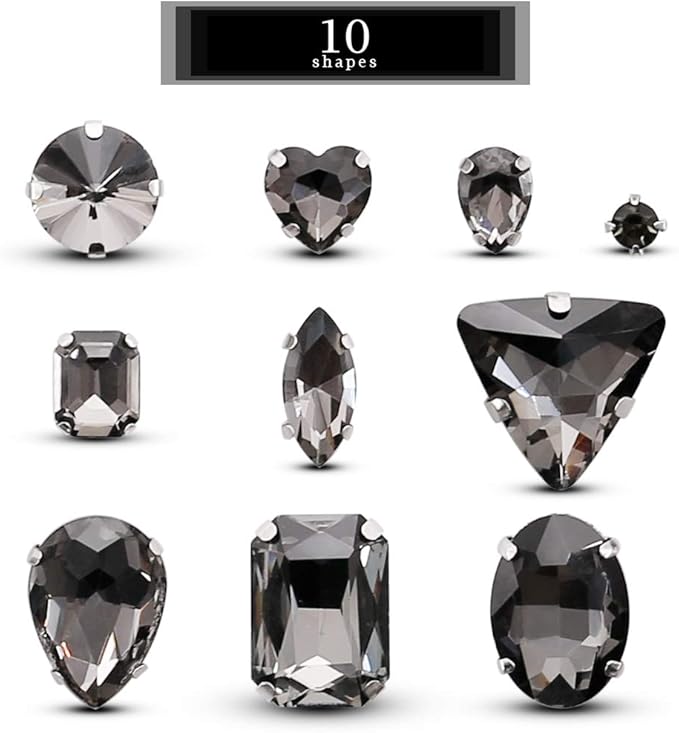 TANOSII Sew on Rhinestones 100 PCS Mixed Shapes Glass Rhinestones Sew on Crystal Gems Mental Flatback with Silver Claw for Jewelry Crafts Clothes Shoes Costume Garment Gray