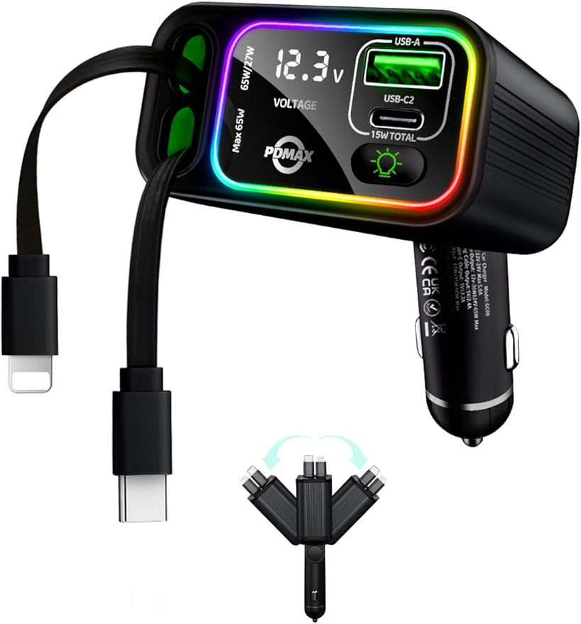 Retractable Car Charger USB C,107W Type C Car Charger Fast Charging with Dual Retractable Cable and USB Ports, Compatible with iPhone 16/15/14/13,S25/24/23/22, Pixel 9/8/7