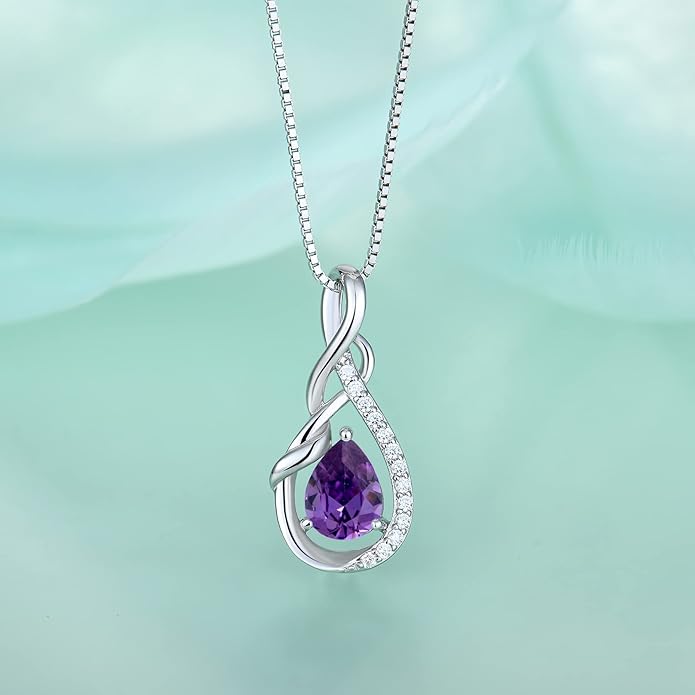 STARCHENIE 925 Sterling Silver Necklace Dangle Earrings for Women Infinity Twisted Teardrop Pendant February Birthstone Created Amethyst Jewelry Set