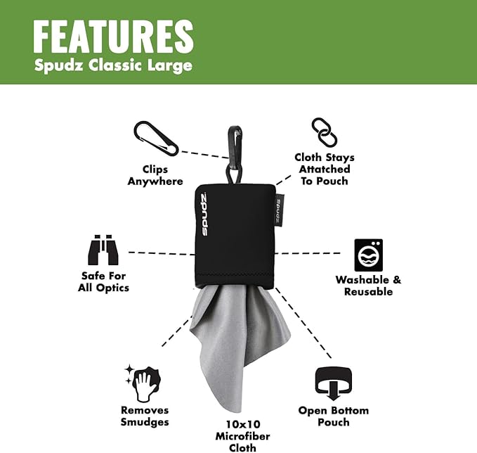 SPUDZ Classic Microfiber Lens Cleaner – Clip-On Pouch, Washable – for Binoculars, Scopes, Glasses, Screens | Avocado, 10 x 10 Inch (2-Pack)