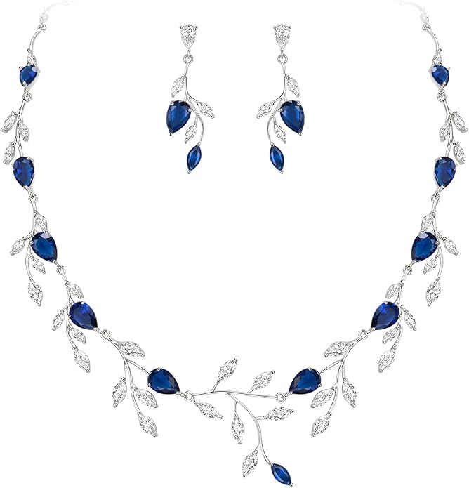 EVER FAITH Wedding Jewelry for Bride Women Bridesmaid, Sparkly Cubic Zirconia Pear-Shaped Birthstone Leaf Necklace Earrings Set for Prom