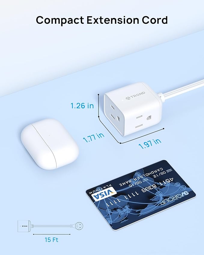 TROND Flat Extension Cord 15ft with 360° Rotating Plug, Low Profile Small Power Strip, 3 Prong Grounded Outlets Cube, 13A, SPT 16/3 AWG Cable, for Indoor Home Office Kitchen Cruise Essentials, White