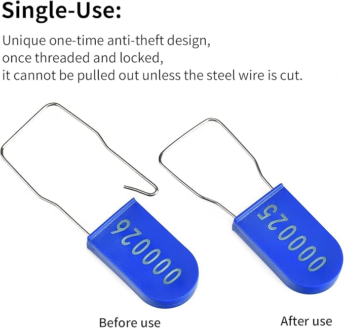 50PCS Plastic Padlock Security Seals Metal Wire Padlocks Electric Meter Lockout Tags Disposable Anti-Tamper Lock Numbered Anti Tamper Tags Blue