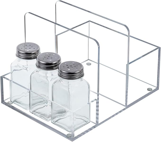 MyGift 2-in-1 Disposable Napkin and Salt & Pepper Caddy, Metal Vintage Scrollwork Dinner Table Paper Towel Condiment Holder with Rustic Solid Wood Base (Premium Clear Acrylic)