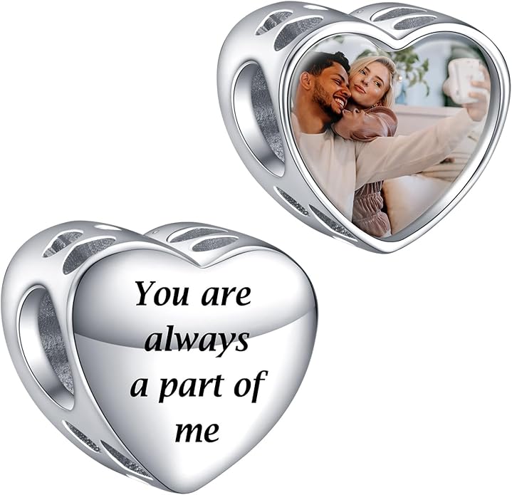 Annmors Personalized Photo Charms For Bracelets/Necklace 925 Sterling Silver Love Heart Shaped Engraved Customize Picture Gift for Birthday Mother's Day,Bead Charms Jewelry for Women