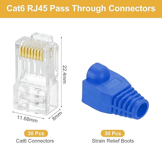 MECCANIXITY 30pcs Cat6 RJ45 Pass Through Connectors, RJ45 Connector 8P8C Gold Plated Plugs with 30pcs Blue Strain Relief Boots for Solid or Stranded UTP Ethernet Cable, 1.1mm